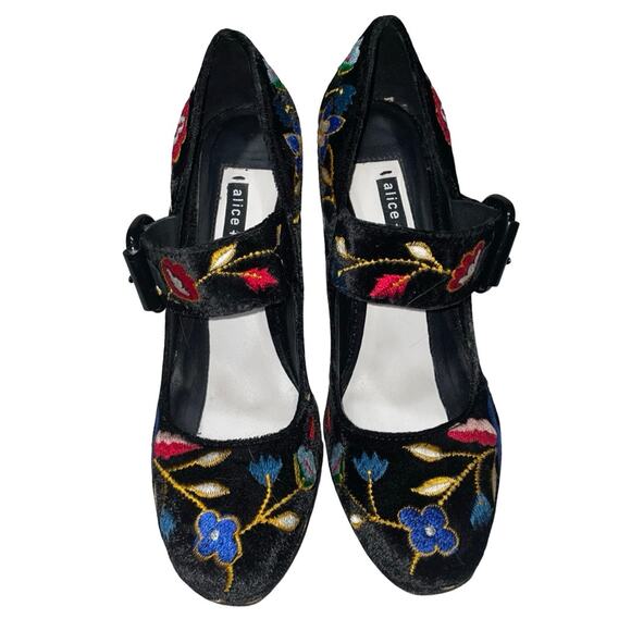 Alice + Olivia Black Velvet Floral Embroidered Platform Heels    Size: 38M US 8 - Picture 2 of 8